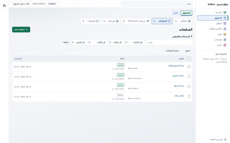 واجهة قائمة صفحات GoRun وحالة النشر باللغة العربية.
