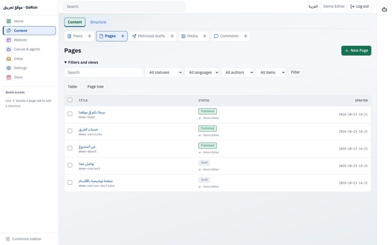 GoRun pages list and publication status in English.