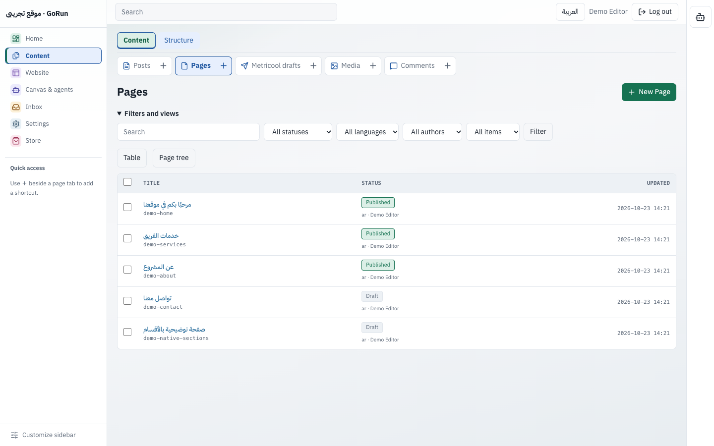 Reference capture of the GoRun pages list and publication status.